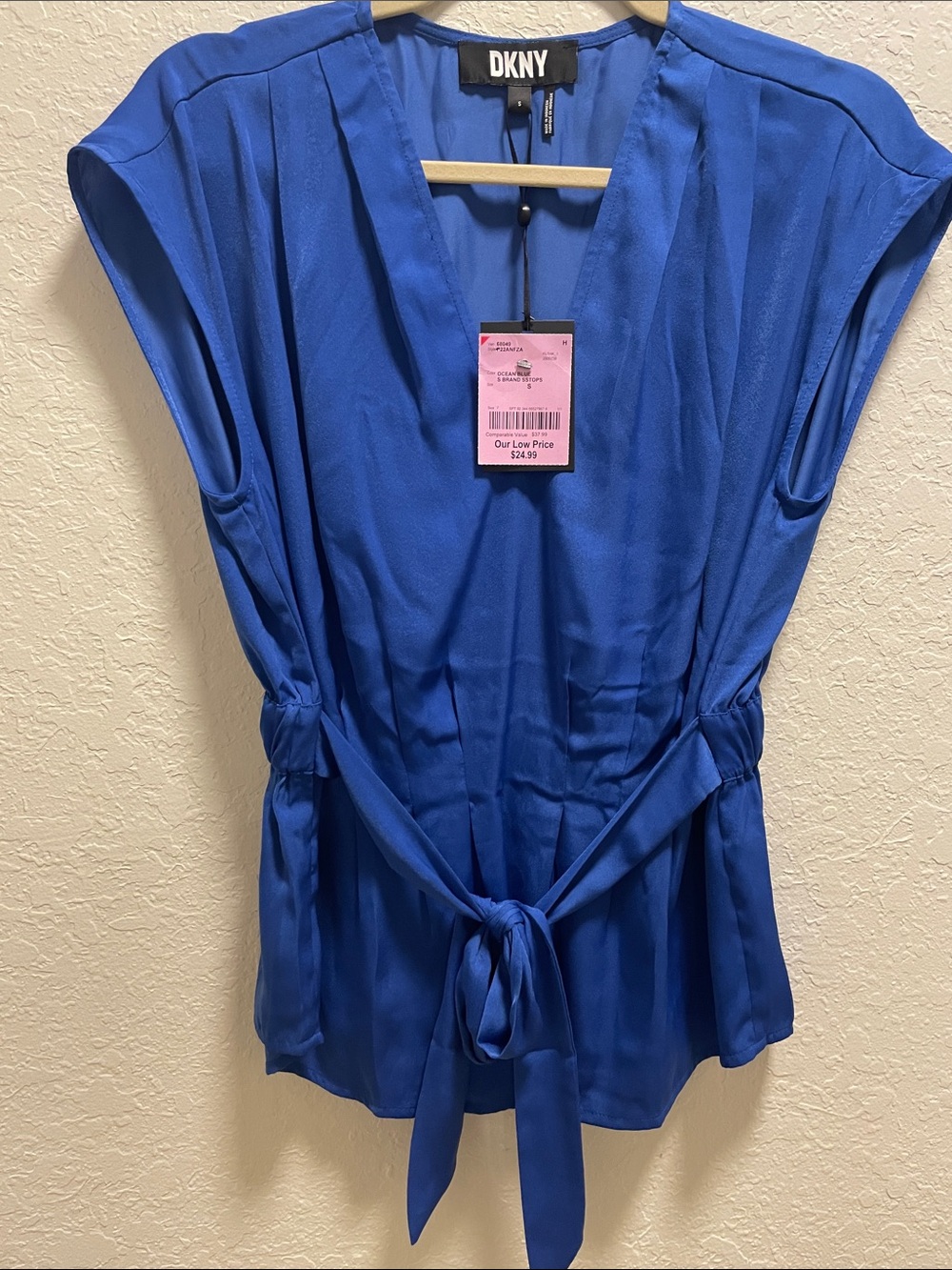 DKNY Cobalt Blue V-Neck Tie-Waist Blouse